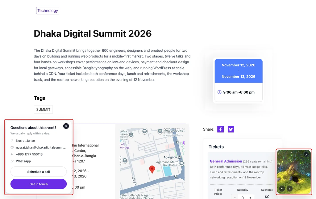 Event page on the front end with the contact card in the bottom left corner and the video bubble in the bottom right corner.