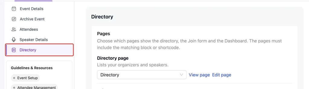 Eventin Settings, Event Settings, with the Directory tab selected in the left menu and the Pages section at the top of the tab.