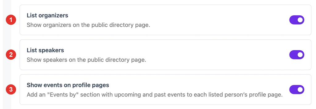 Directory settings with three numbered switches: List organizers, List speakers and Show events on profile pages, all turned on.