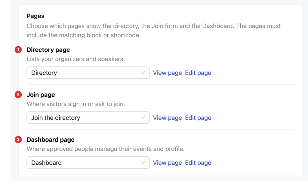 The Pages section of the Directory settings, with numbered rows for the Directory page, Join page and Dashboard page, each with a page picker and View page and Edit page links.