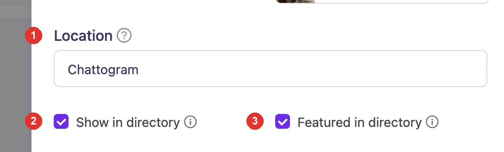 The speaker form with three numbered fields: Location set to Chattogram, and the Show in directory and Featured in directory checkboxes, both ticked.
