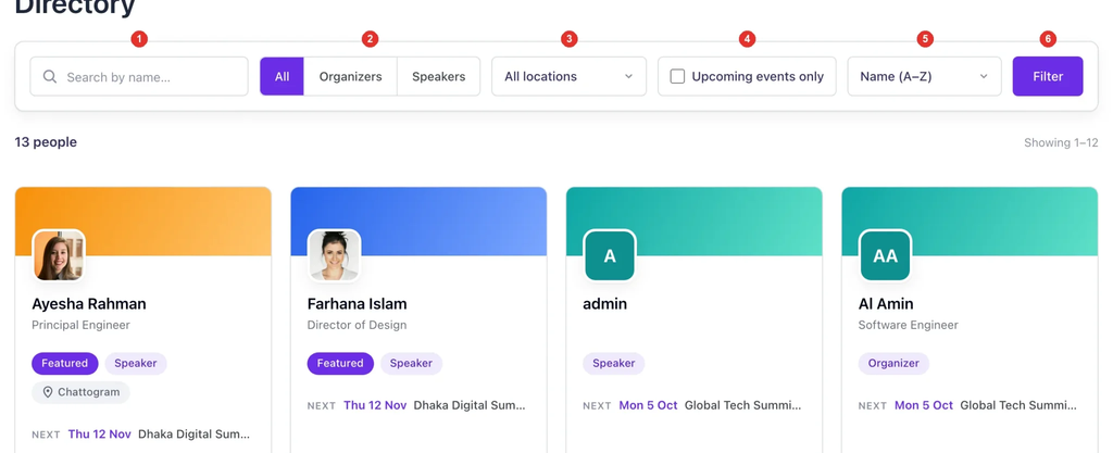 The public Directory page with numbered filters: search box, All, Organizers and Speakers switch, location filter, Upcoming events only checkbox, sort menu and Filter button, above the first people cards.