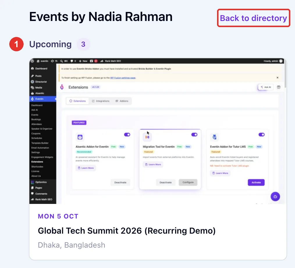 The Events by Nadia Rahman section on a profile page, with the Upcoming group numbered and the Back to directory link highlighted.