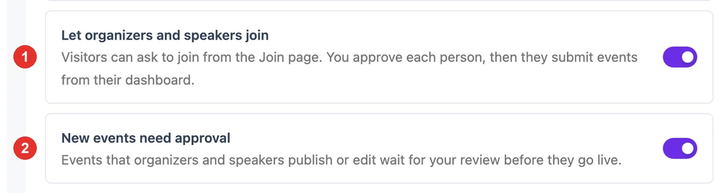 Directory settings with the Let organizers and speakers join switch and the New events need approval switch numbered, both turned on.