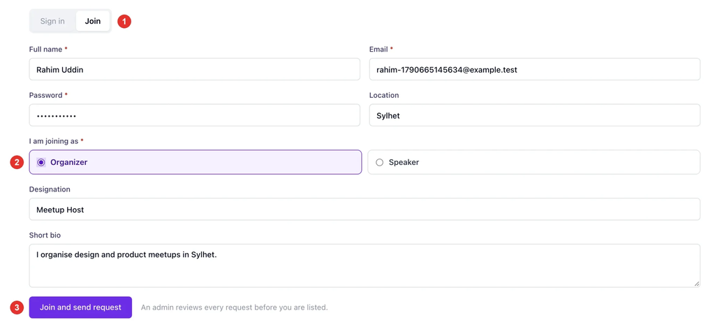 The Join page with the Join tab open and a filled-in form; the tab, the Organizer or Speaker choice and the Join and send request button are numbered.
