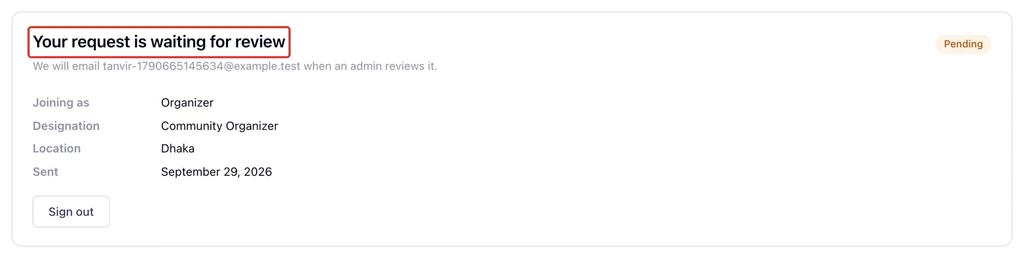 The Join page after sending a request, showing Your request is waiting for review with the person’s role, designation and location.