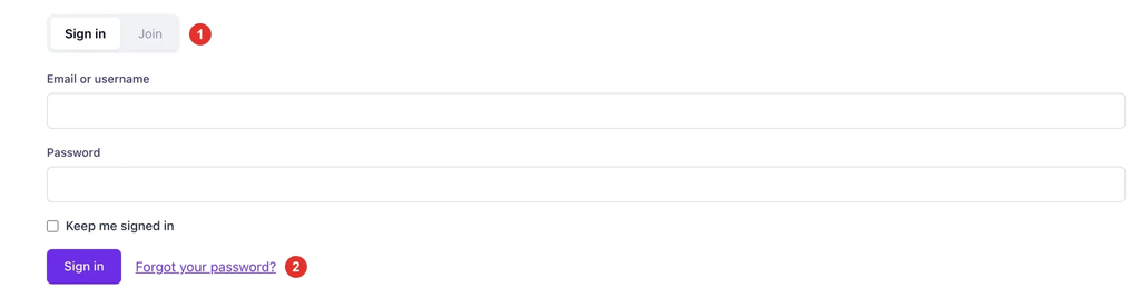 The Sign in tab on the Join page, with the tab and the Forgot your password link numbered.