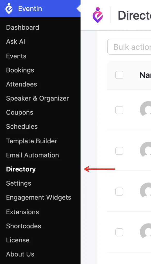 The WordPress admin menu under Eventin, with an arrow pointing to the Directory item.
