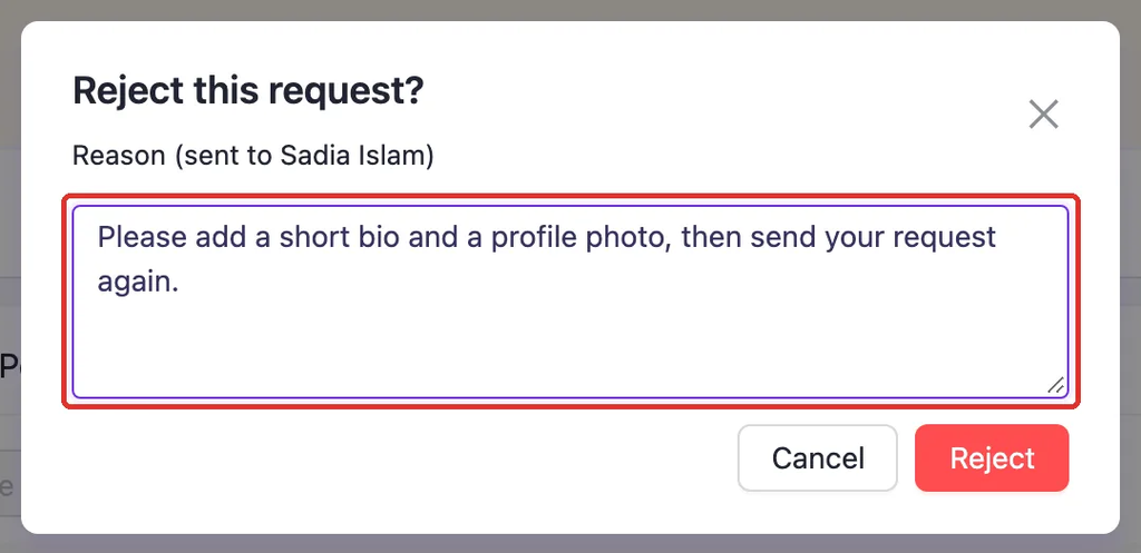 The Reject this request window with the reason box highlighted and a reason typed in.