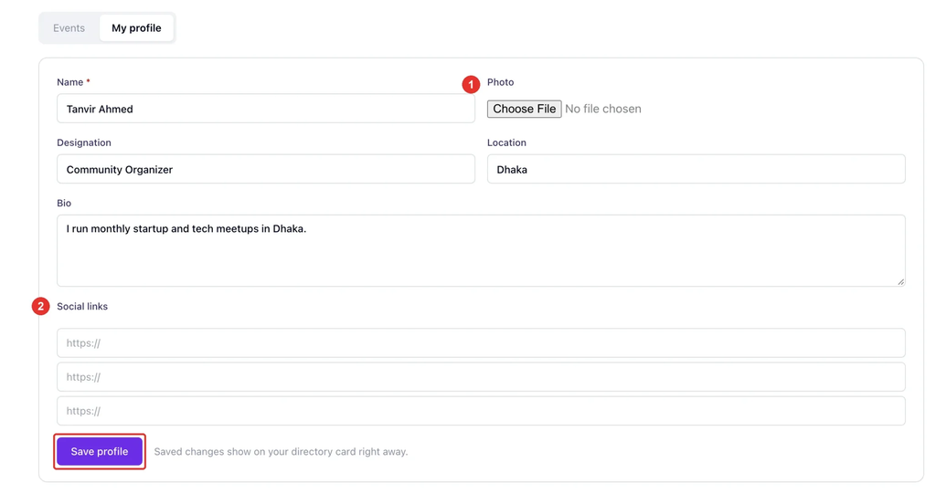 The My profile tab with the Photo field and Social links numbered and the Save profile button highlighted.