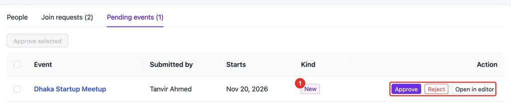 The Pending events tab with one event from Tanvir Ahmed; its New tag is numbered and the Approve, Reject and Open in editor buttons are highlighted.