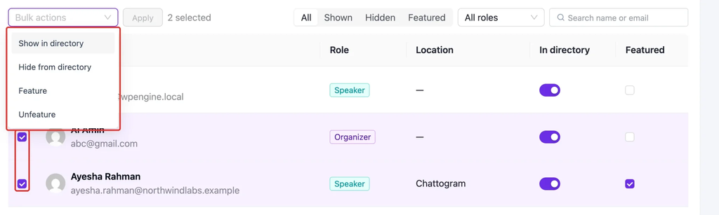 The People tab with two people ticked and the Bulk actions menu open, showing Show in directory, Hide from directory, Feature and Unfeature.