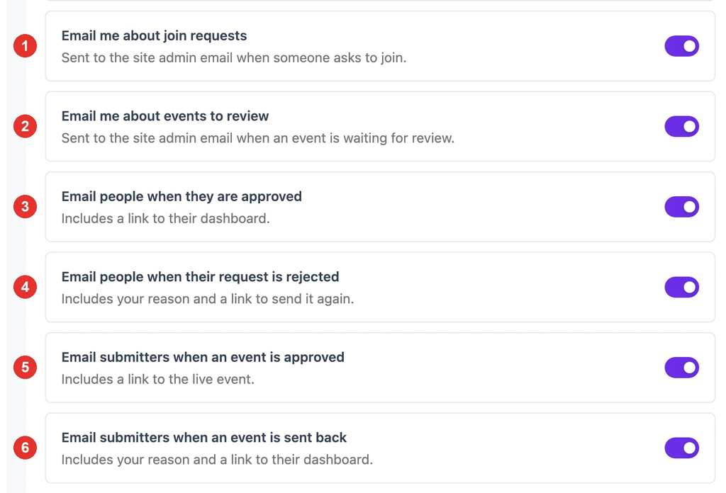 Directory settings with six numbered email switches, from Email me about join requests to Email submitters when an event is sent back, all turned on.
