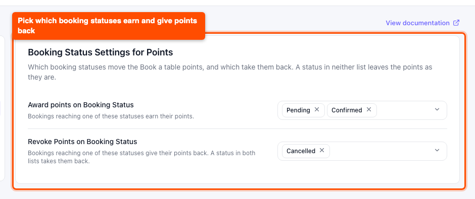 Booking Status Settings for Points in Pointics Settings WPCafe tab