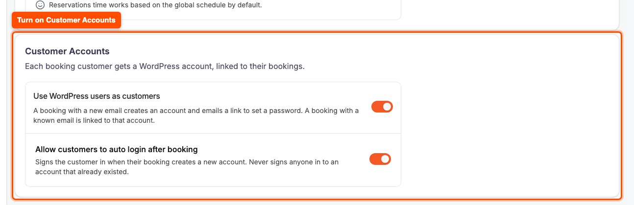 Customer Accounts card in WP Cafe Reservation Rules
