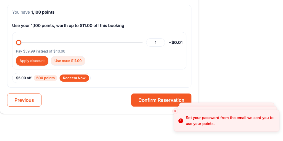Points card asking a guest to set their password before spending points