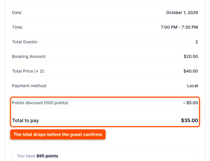 Reservation Summary with a points discount and the new total to pay