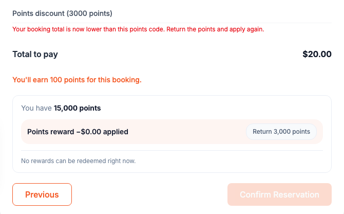Reservation Summary asking the guest to return the points because the total is now lower