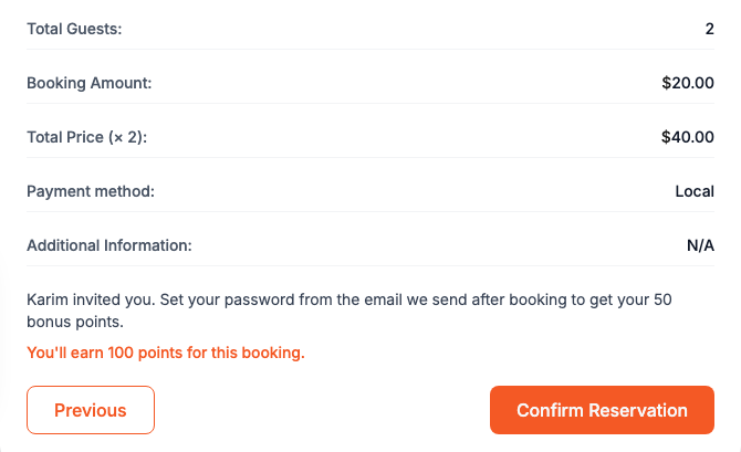 Reservation Summary telling an invited guest to set their password to get the bonus points
