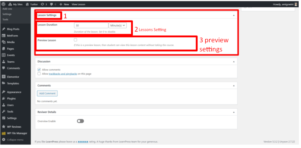 Lesson settings