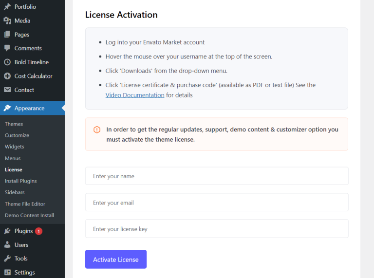 License Activation – Documentation for Themes