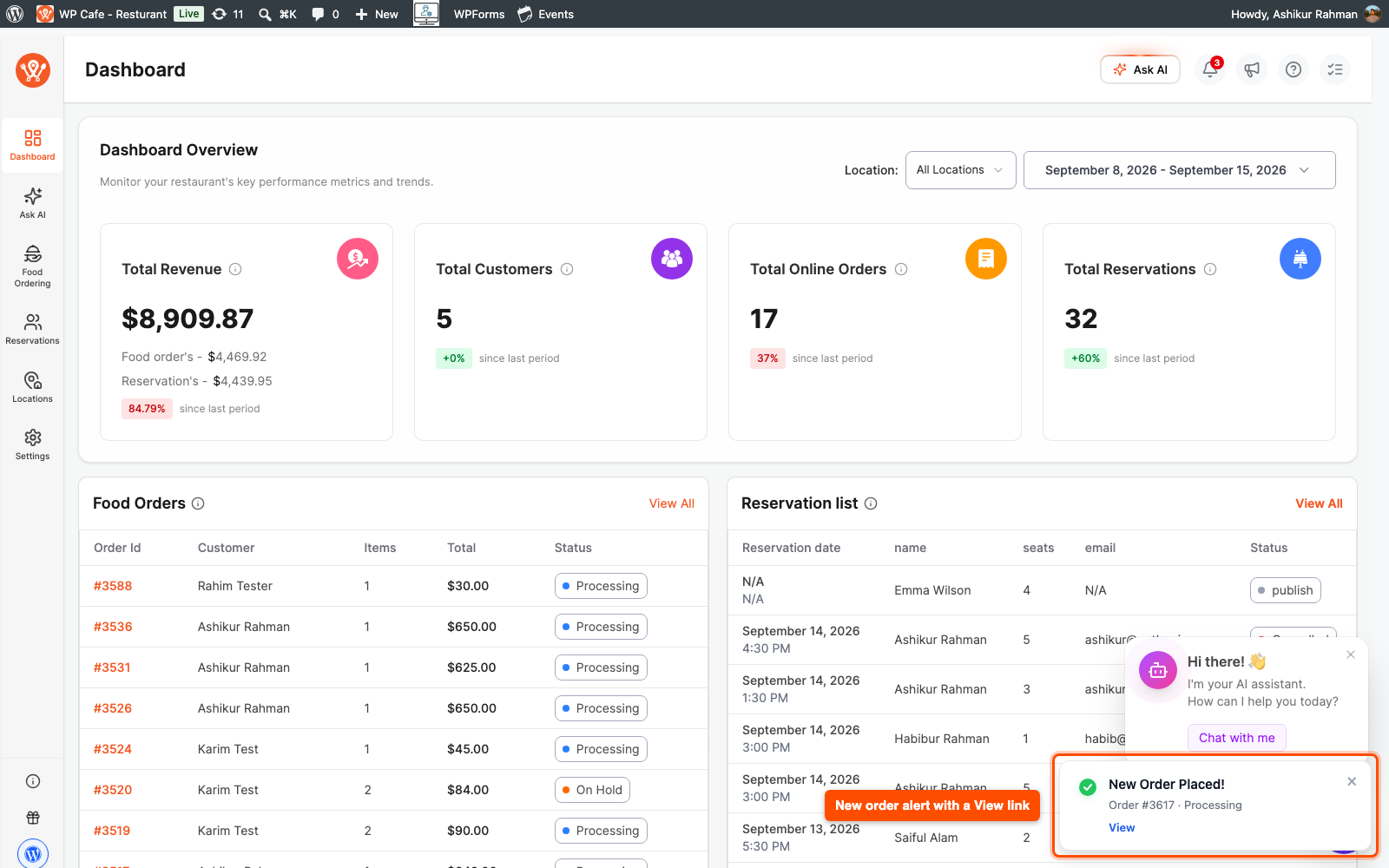 WPCafe dashboard with the New Order Placed alert box and its View link