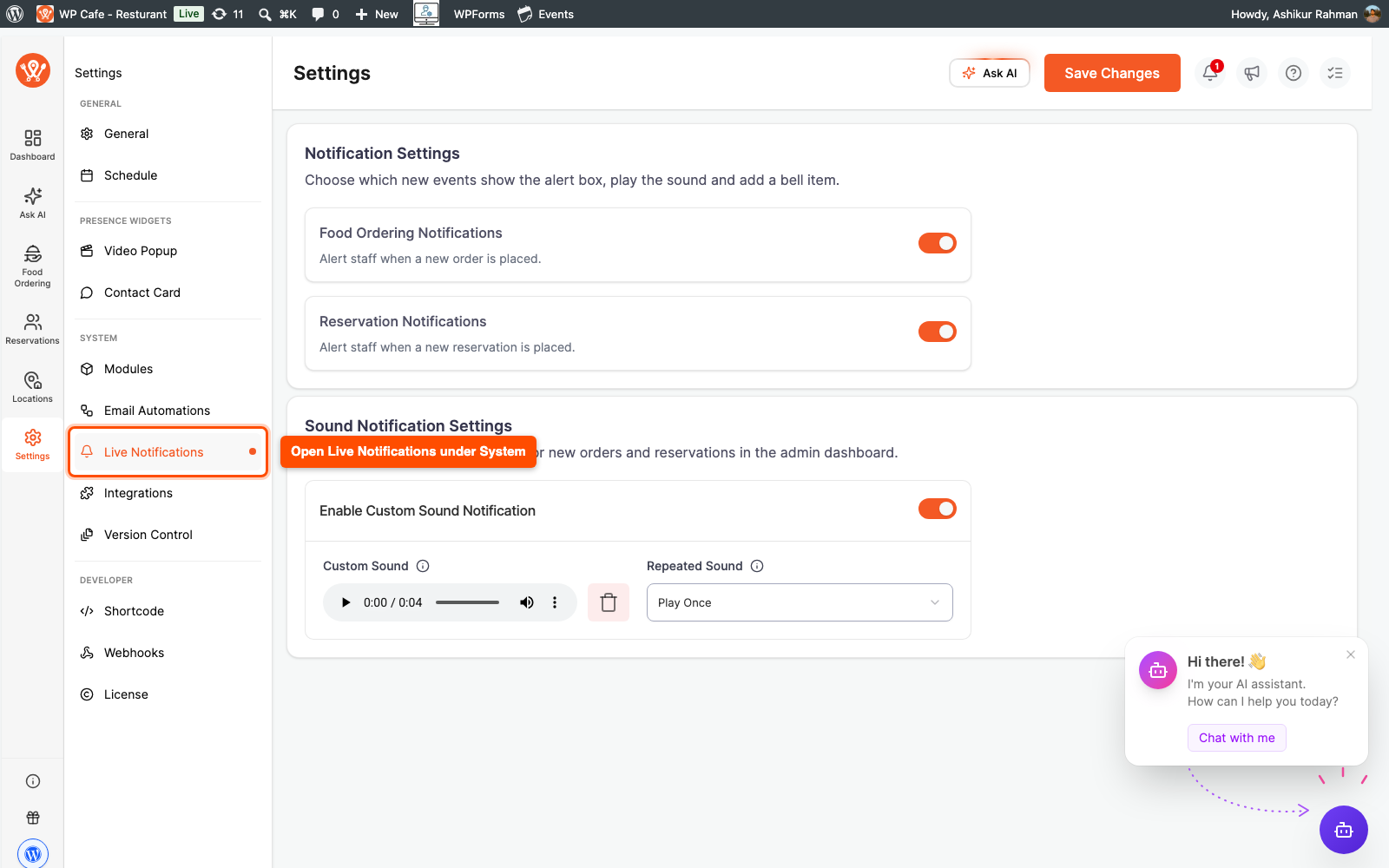 WPCafe Settings menu with Live Notifications under the System group