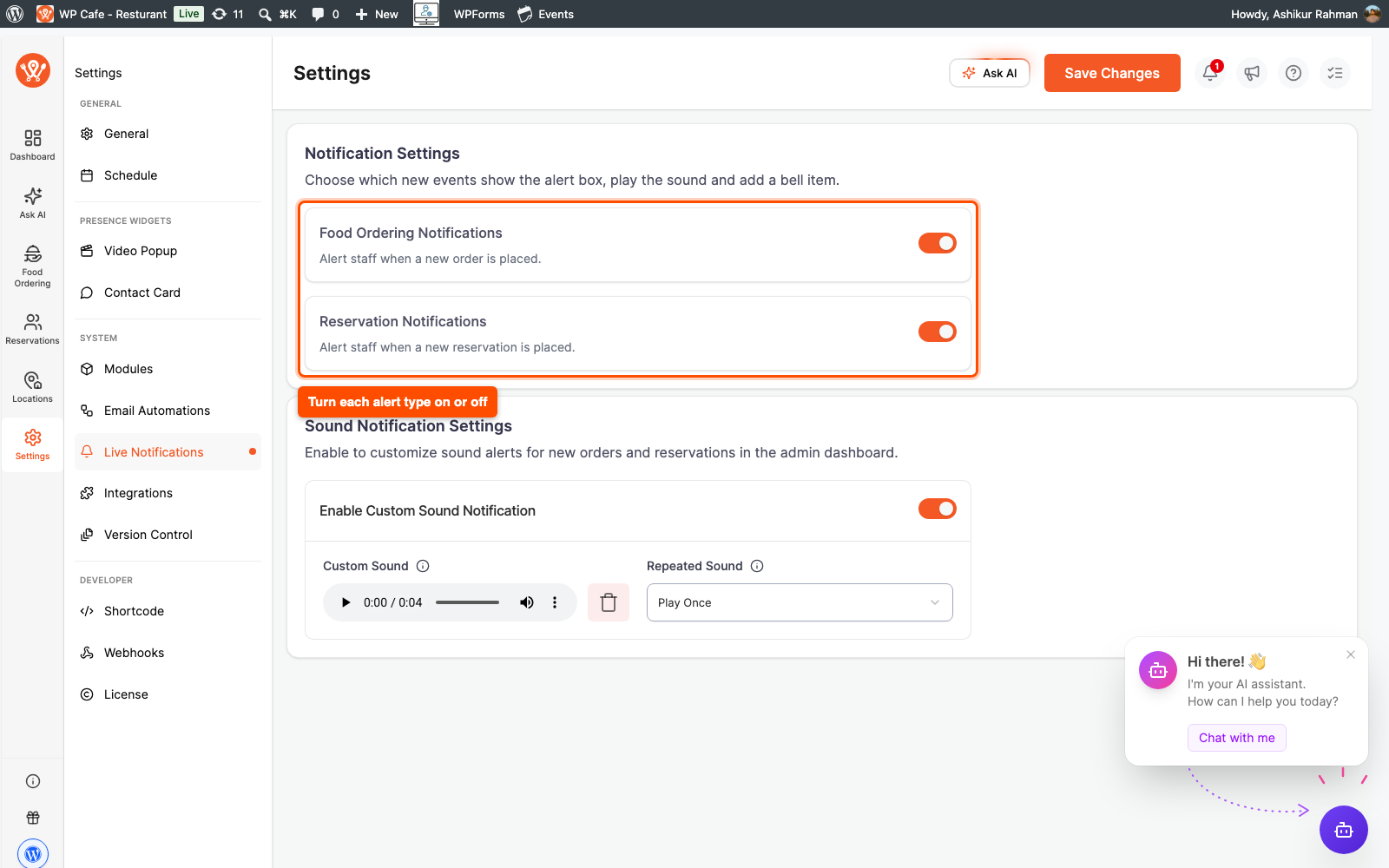 Notification Settings with the Food Ordering Notifications and Reservation Notifications switches
