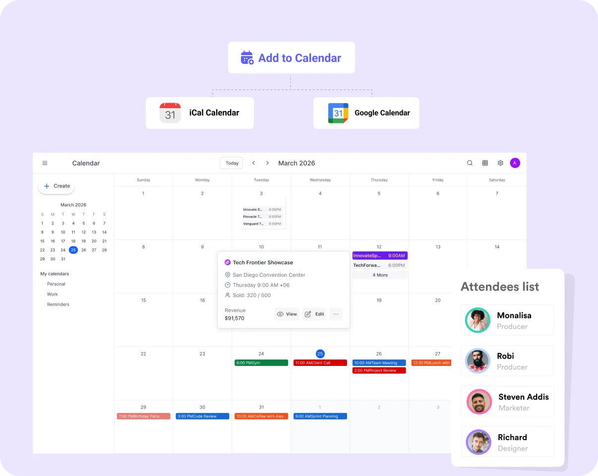 Attendees add your events to their own calendar in one click