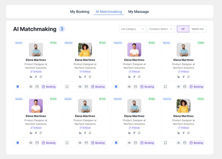 Eventin AI Matchmaking dashboard with attendee match scores