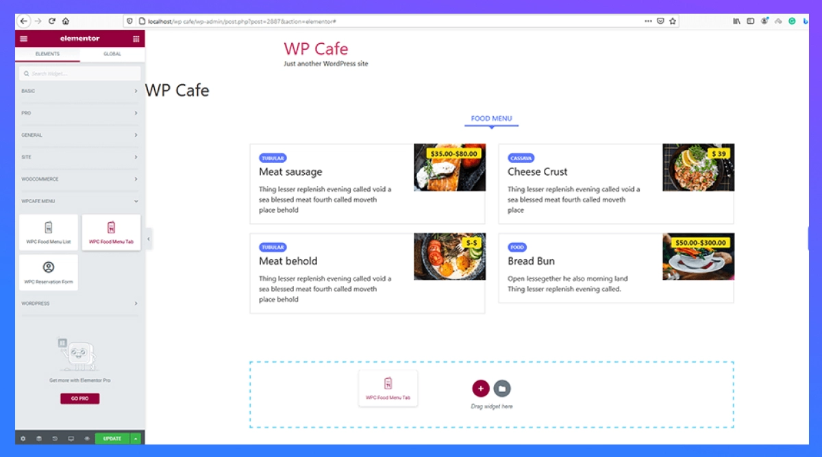 Add Food Menu with Elementor