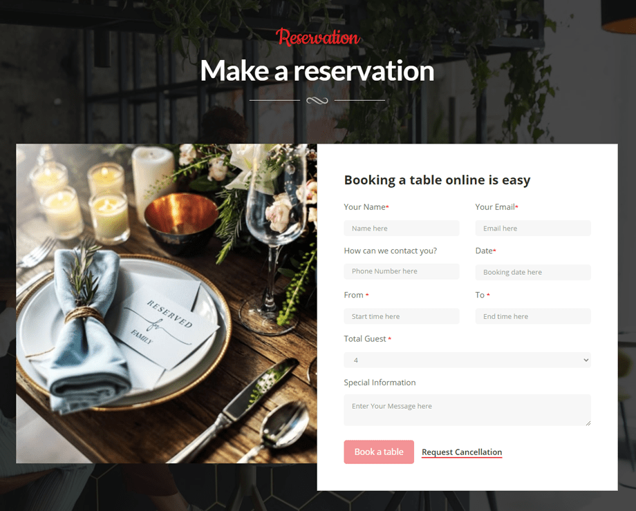 restaurant reservation form template