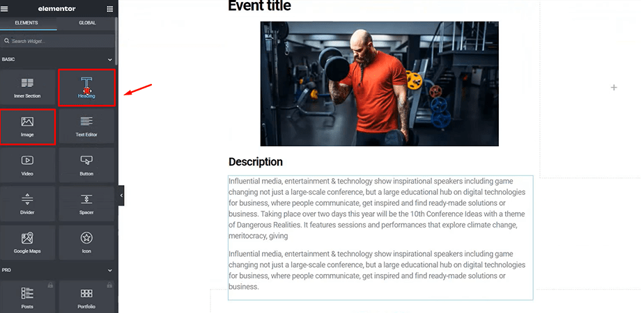 add event details for event website with Elementor