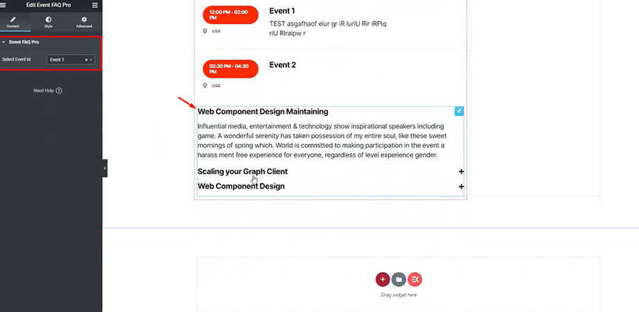 event FAQ section for website with Elementor