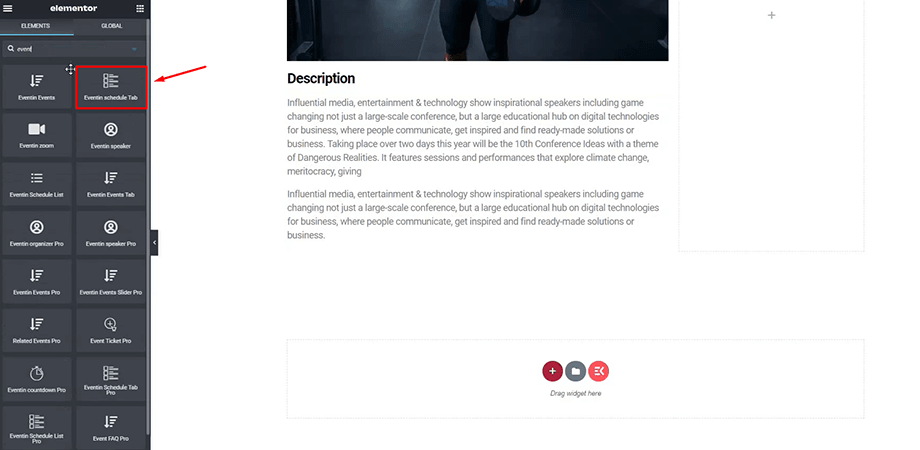 event schedule tab widget from WPEventin to design website with Elementor
