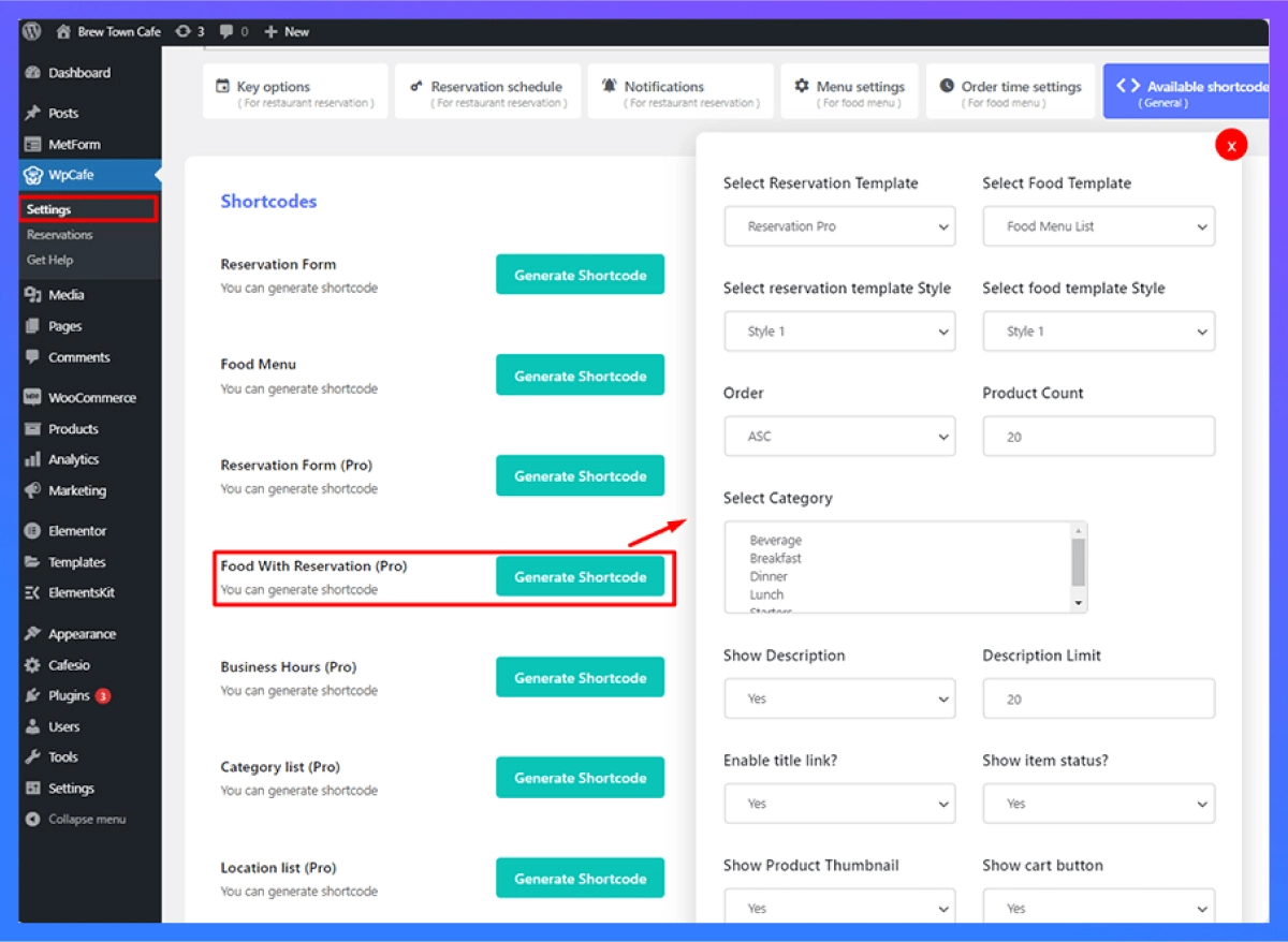 food ordering reservation shortcode