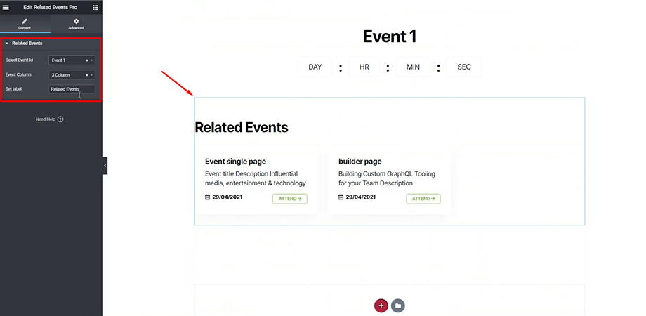 Related events section from WPEventin for website with Elementor