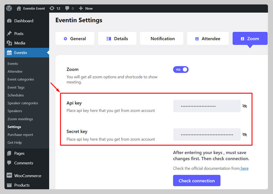 zoom api key for eventin in wordpress