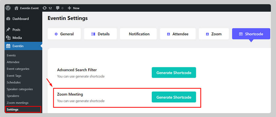 zoom meetings shortcode for wp eventin