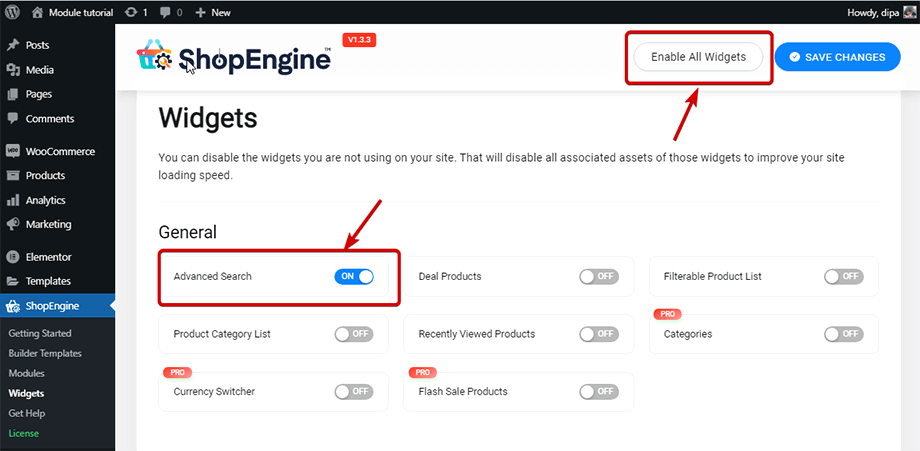 enable_disable options of ShopEngine