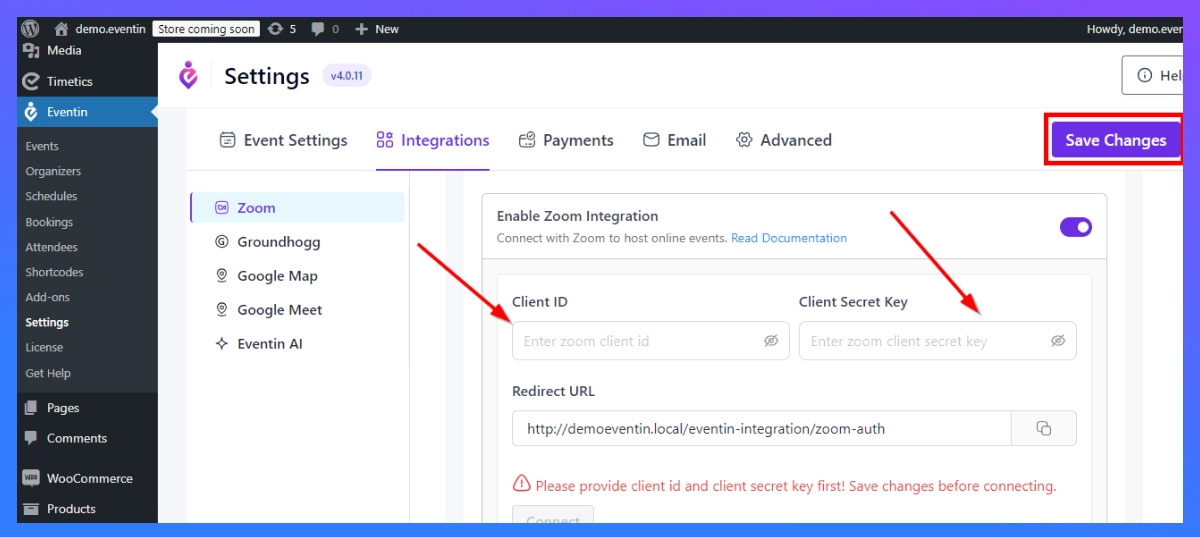 zoom client id and secret key add on eventin event manager plugin