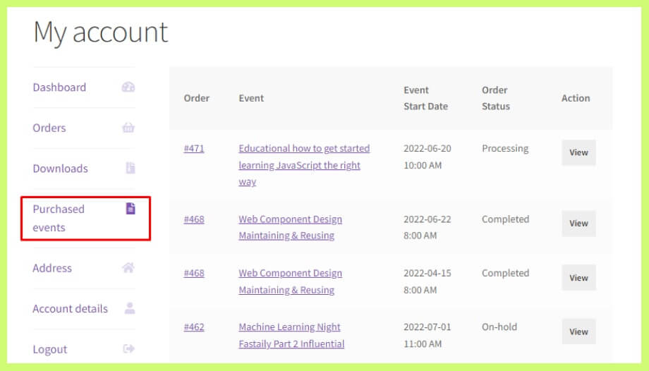 Purchased Event Details on User's Dashboard