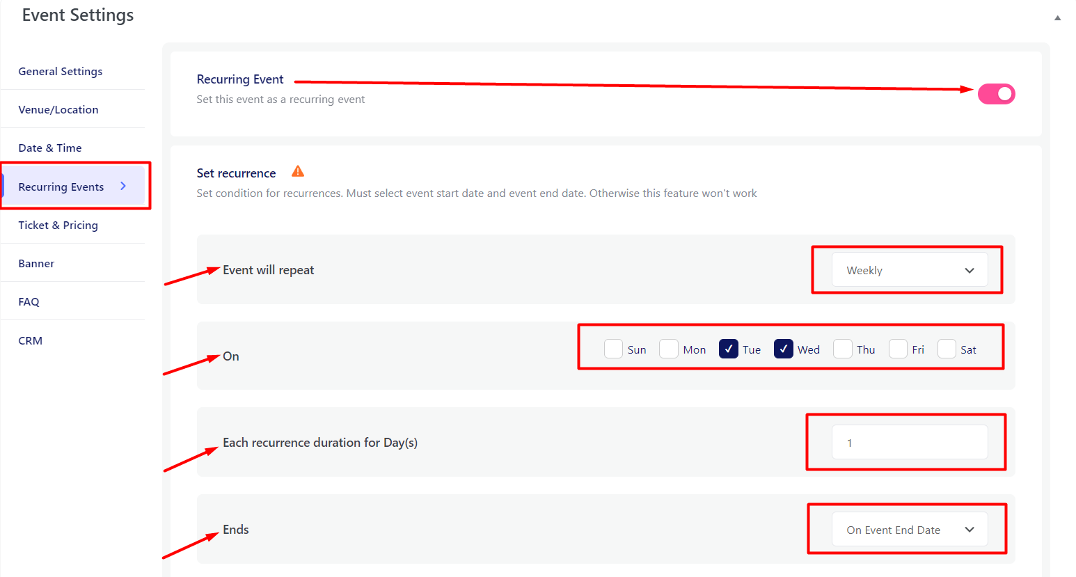 an image of weekly recurring event creation settings