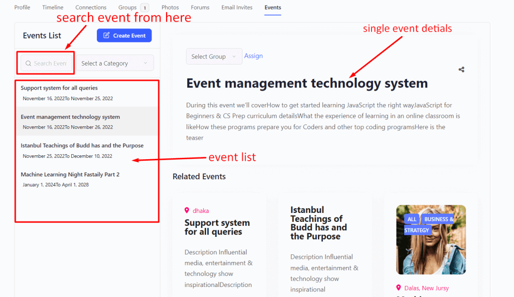 Eventin BuddyBoss Integration Search Event