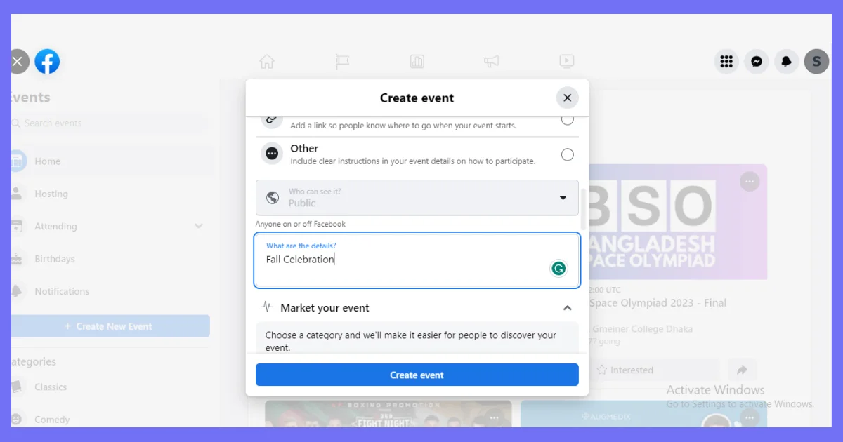 create facebook event