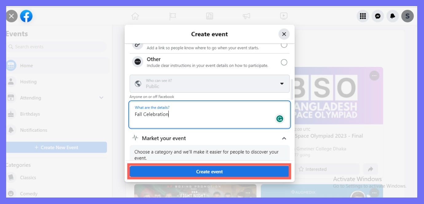 click and create facebook event to publish