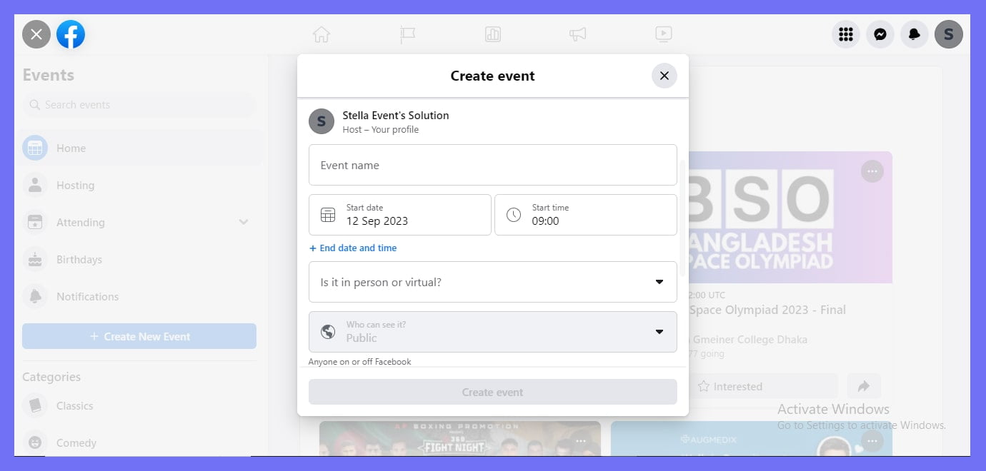 create event location, time and date for facebook events