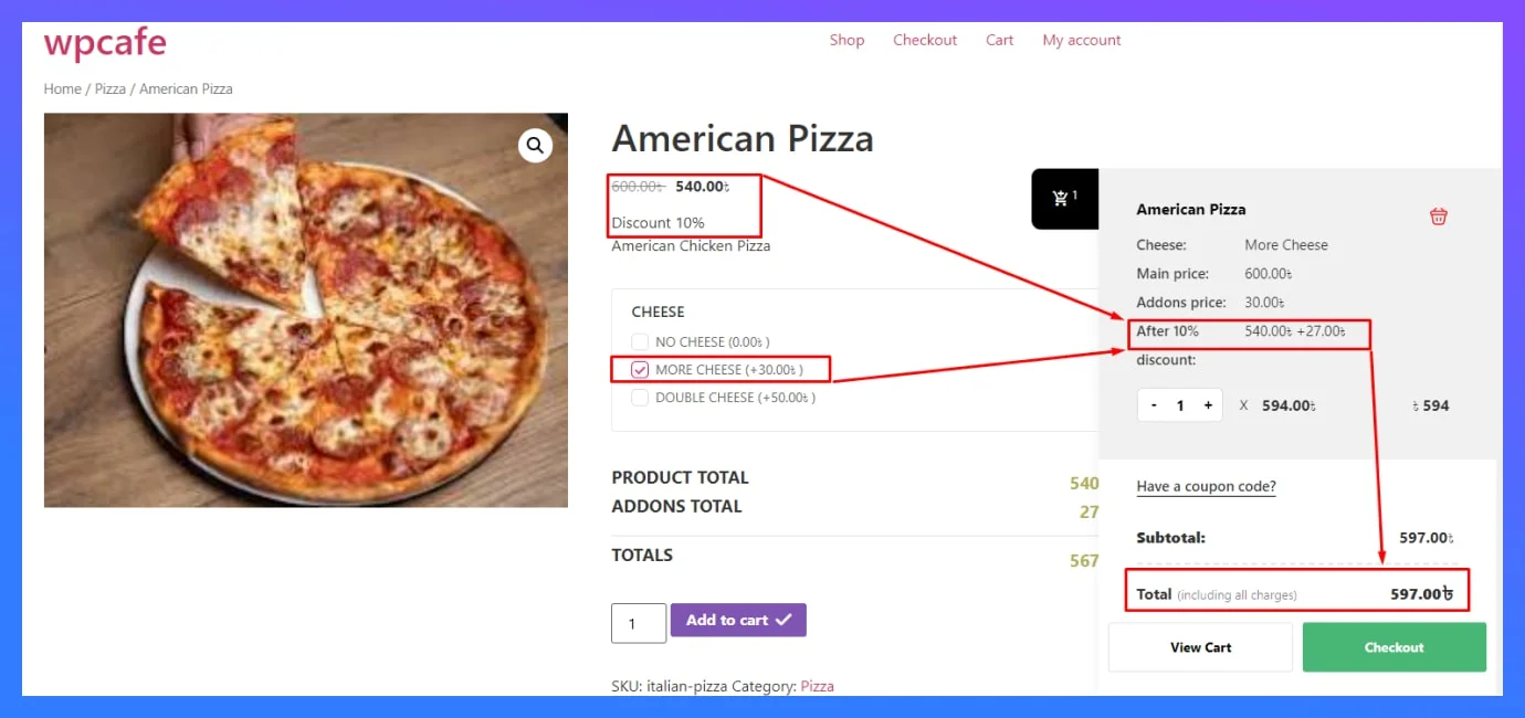 addon discount features in wpcafe for wooCommerce  food menu
