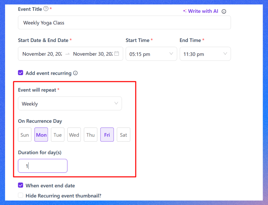 Choose recurring event settings and recurrence interval