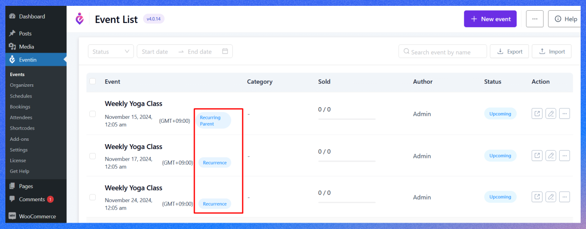 Create Recurring Events in eventin event management plugin for WordPress